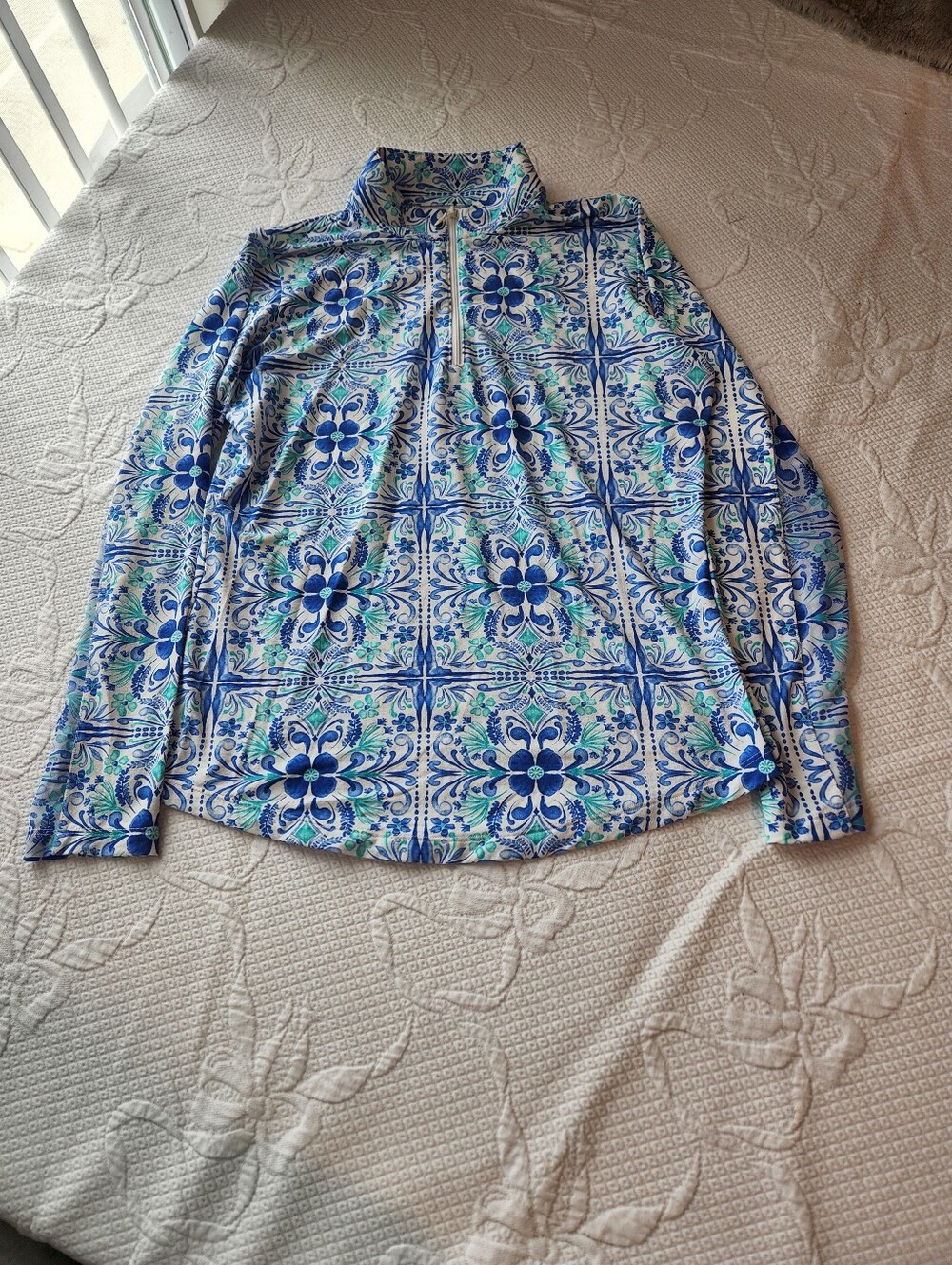 Blue Floral Patterned Long-Sleeve Quarter-Zip Top